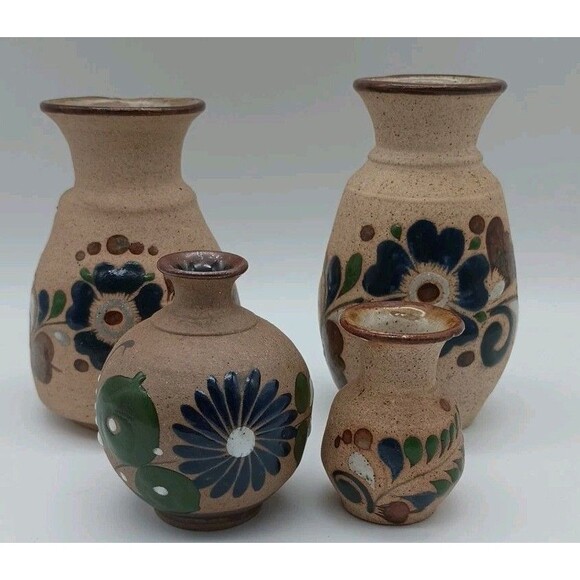 Tonala Sandstone Pottery Mexico Vases Floral Lot Of 4 - Picture 1 of 11
